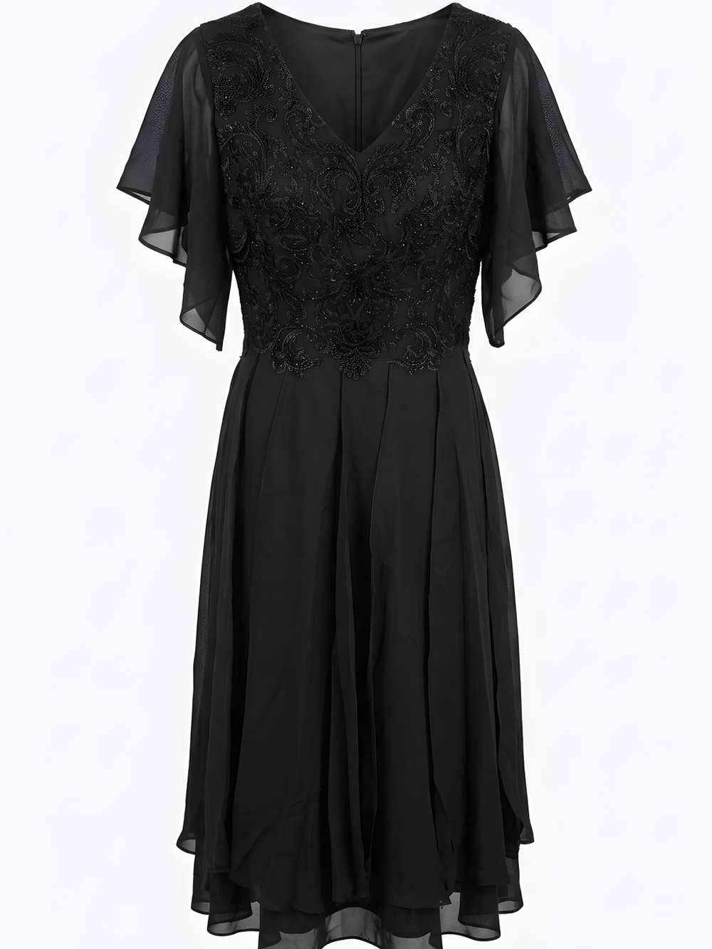 Black V-Neck Embroidered Midi Dress with Flutter Sleeves